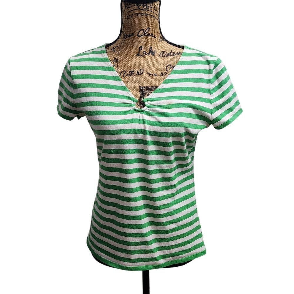 CHAPS Green White Striped V-Neck T-Shirt Cotton Blend Casual Summer Top Size L
